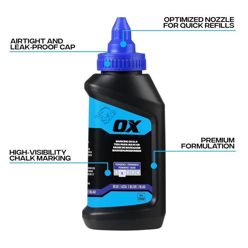 Ox Pro Series Blue Chalk Line Powder 8oz Marking Chalk Refill - Permanent Weather Resistant Construction Line Marking Powder Chalk Line Refill for Marker Reel Construction Chalk Markers -P630802 - Image 2